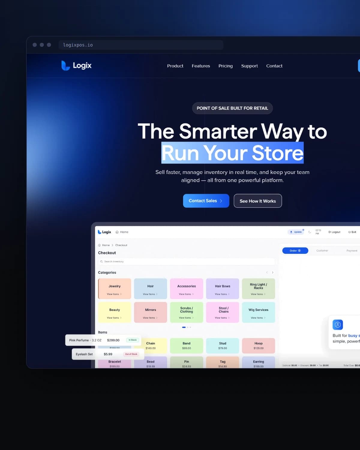 Logix POS checkout screen with product categories, items and the order panel